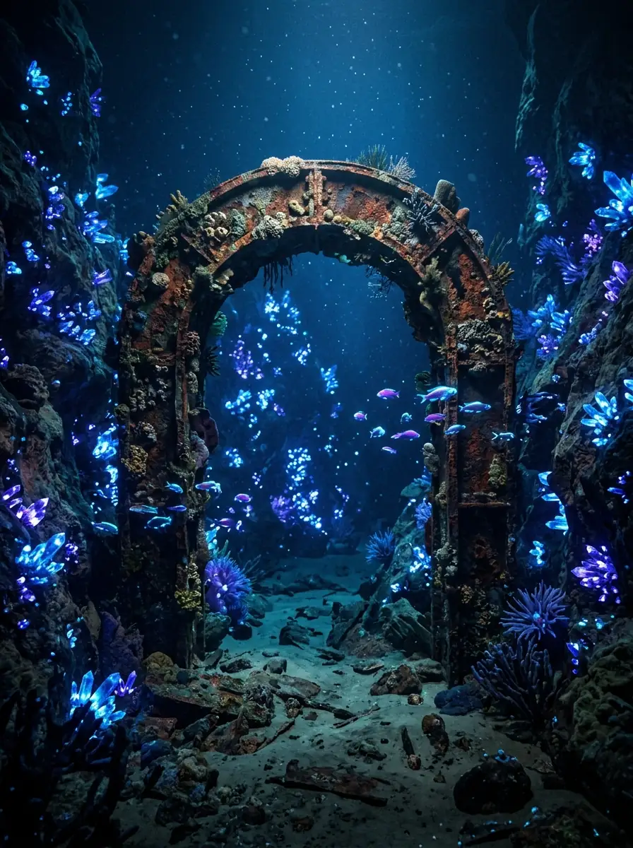 Underwater canyon illuminated by glowing blue and purple crystals