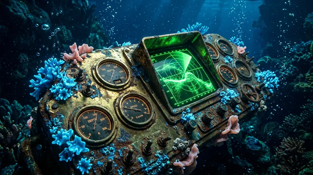 Rusted brass submarine dashboard underwater