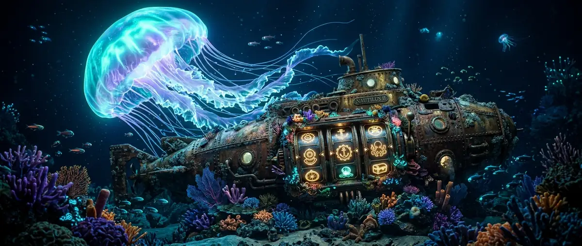 Glowing bioluminescent jellyfish over steampunk submarine
